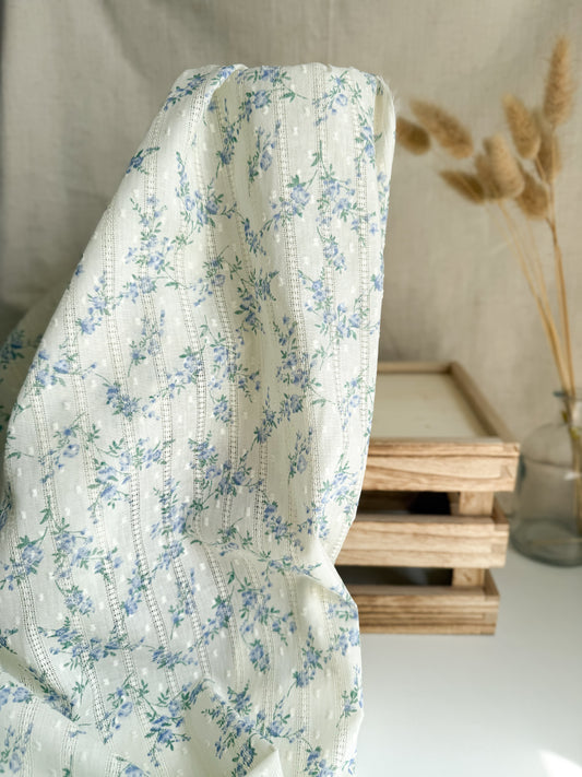 Embroidered Cotton Swiss Dot Dobby Fabric - Blue Floral