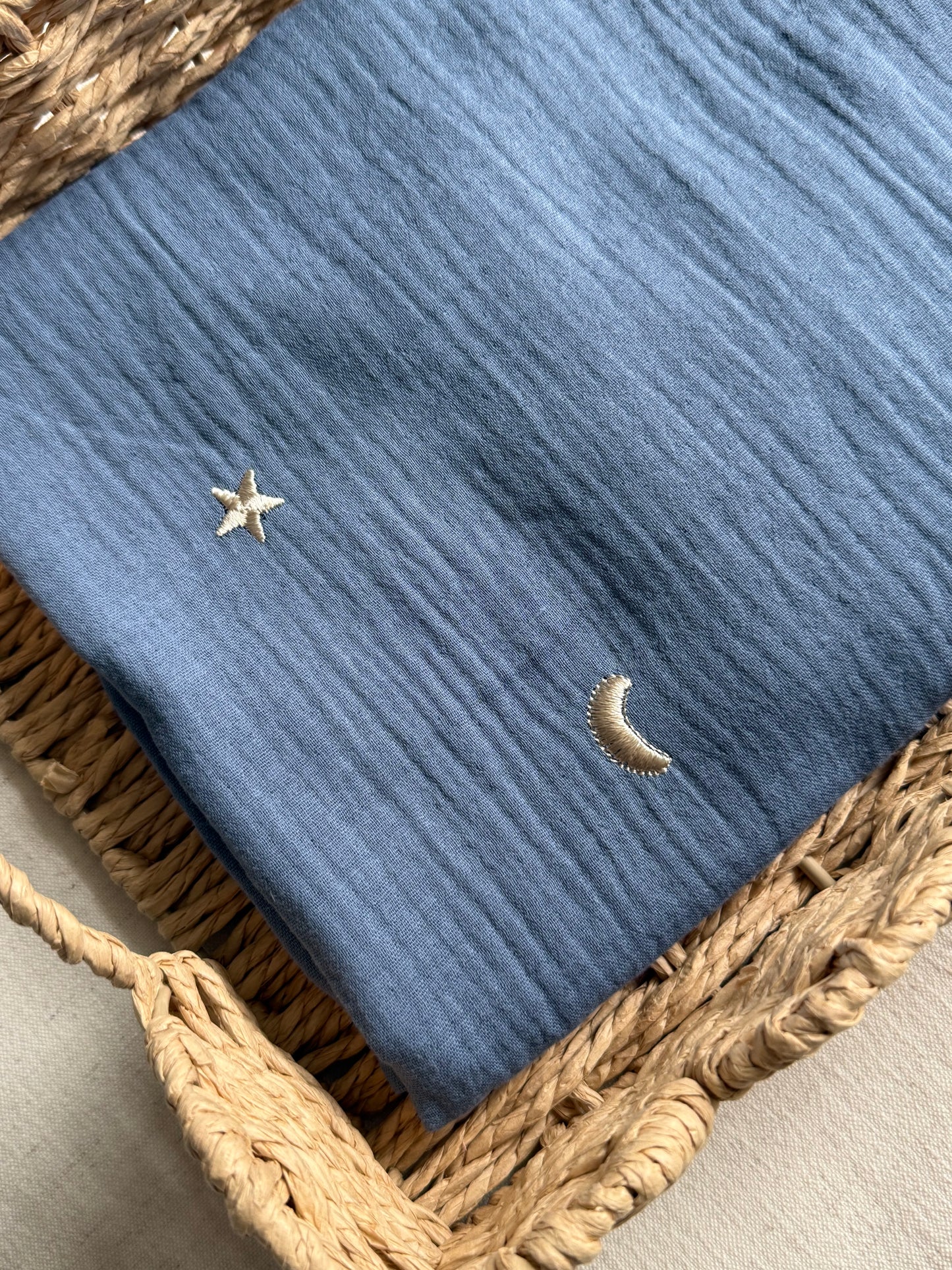 Embroidered Double Gauze Fabric - Moon & Stars - Blue