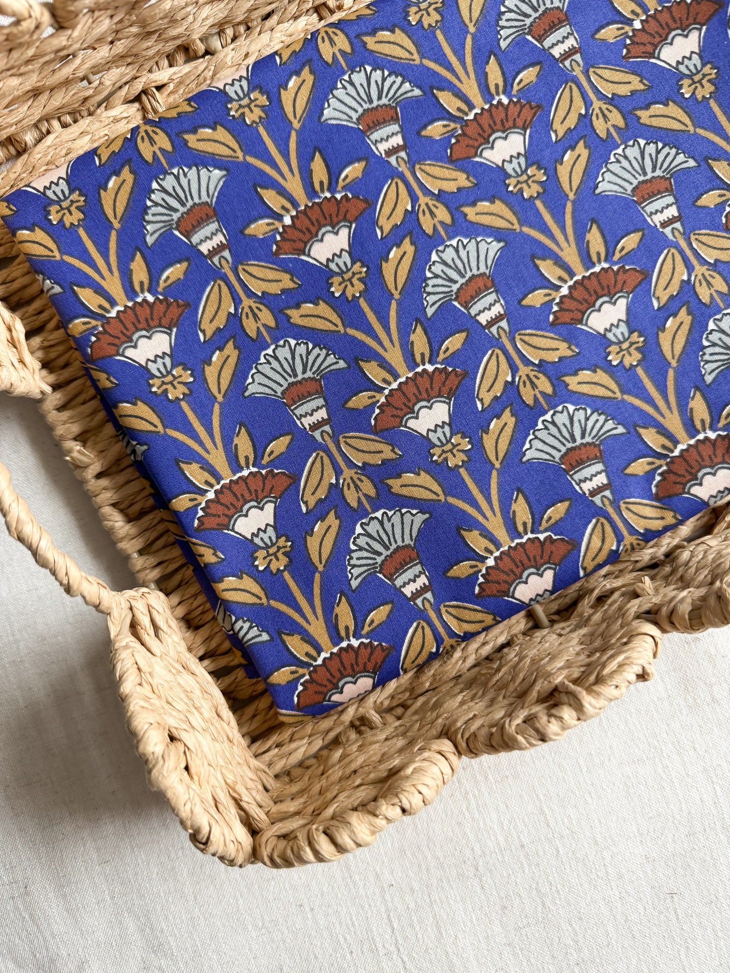 Cotton Poplin Fabric  - Bold Block Print - Blue / Caramel