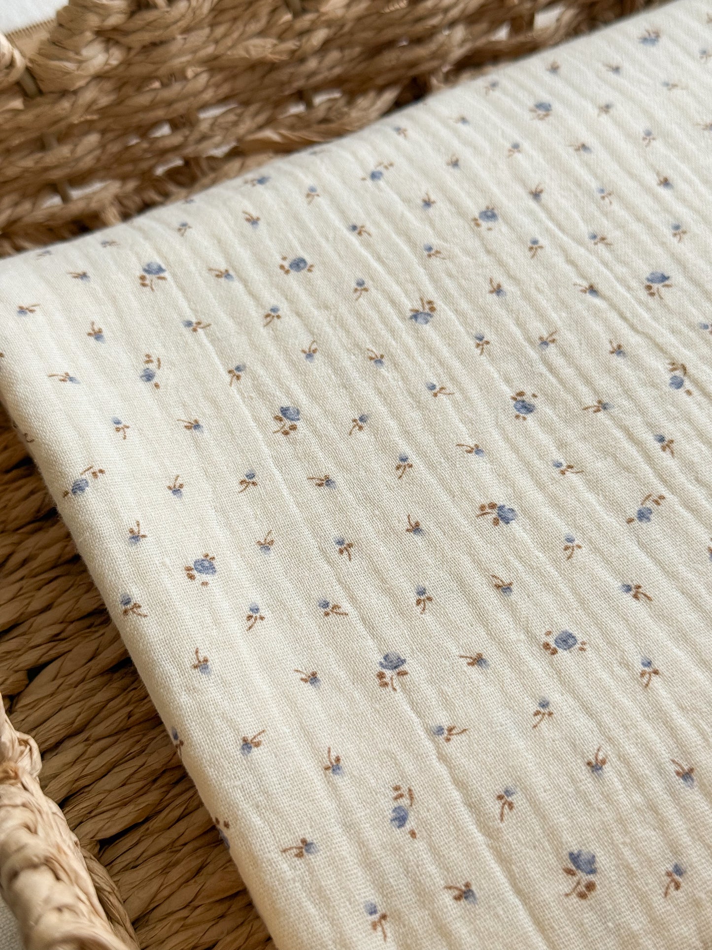 Organic Double Gauze Fabric - Tiny Blue Flowers