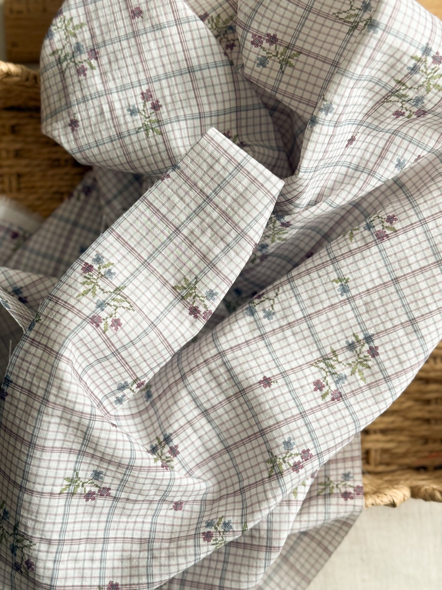 Textured Cotton Crinkle Fabric - Floral Plaid Violet