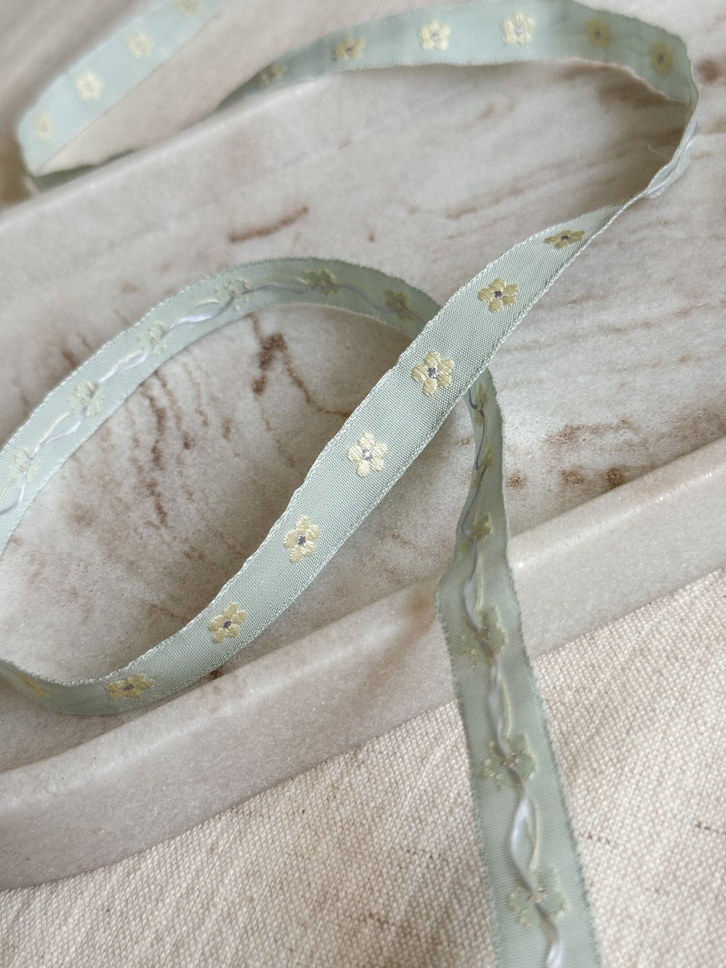 Jacquard Woven Ribbon - Sage & Yellow Flowers - 10mm