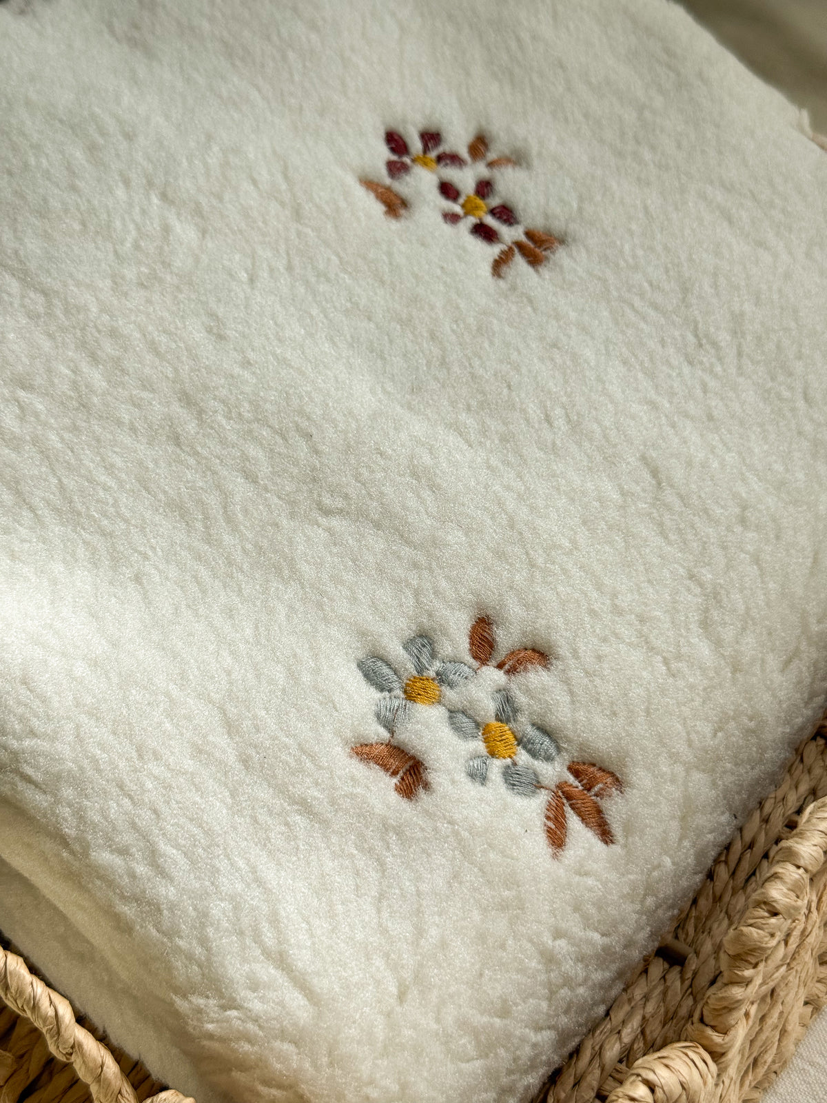 Soft Teddy Fabric - Embroidered Flowers - Ecru
