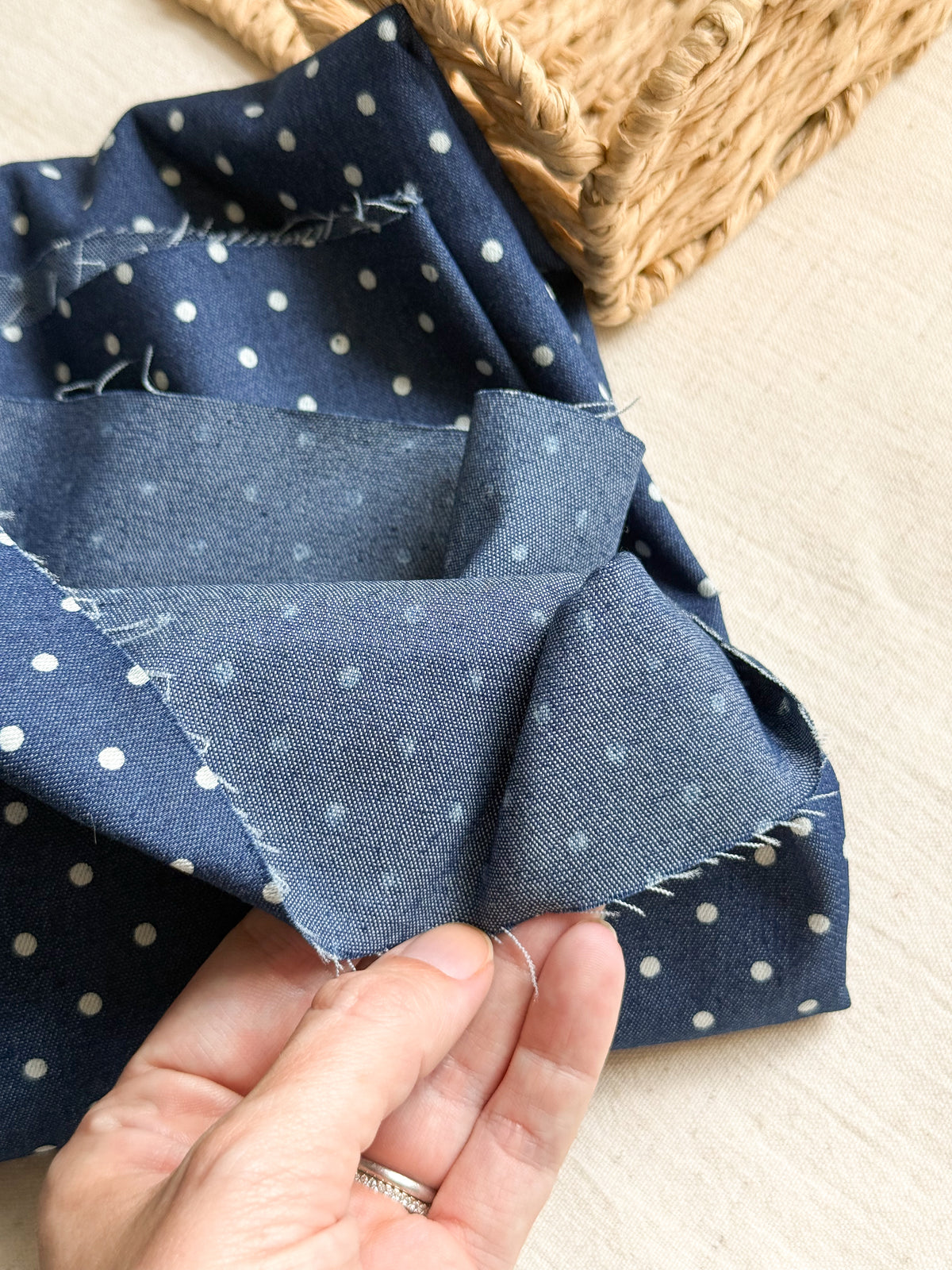 Cotton Denim Stretch Fabric  - Polka Dots