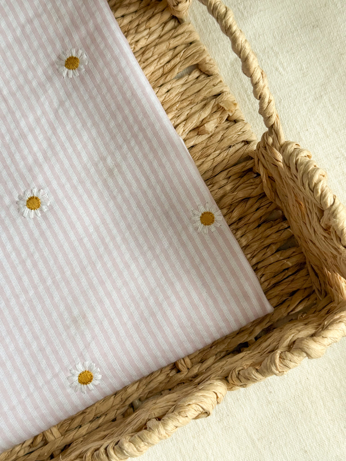 Cotton Stripe Seersucker Fabric With Embroidered Daisy - Nude Pink