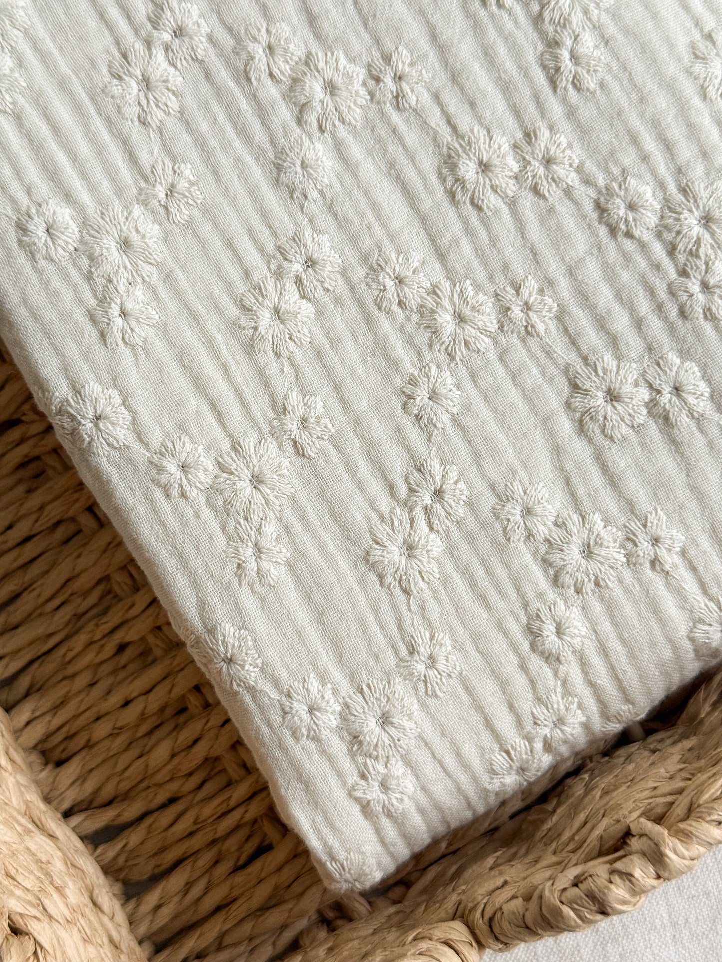 Embroidered Double Gauze Fabric - Ecru Flowers