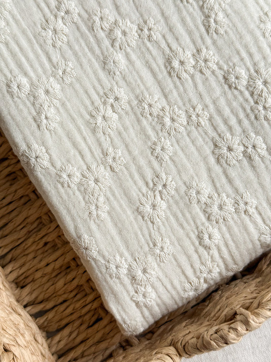 Embroidered Double Gauze Fabric - Ecru Flowers