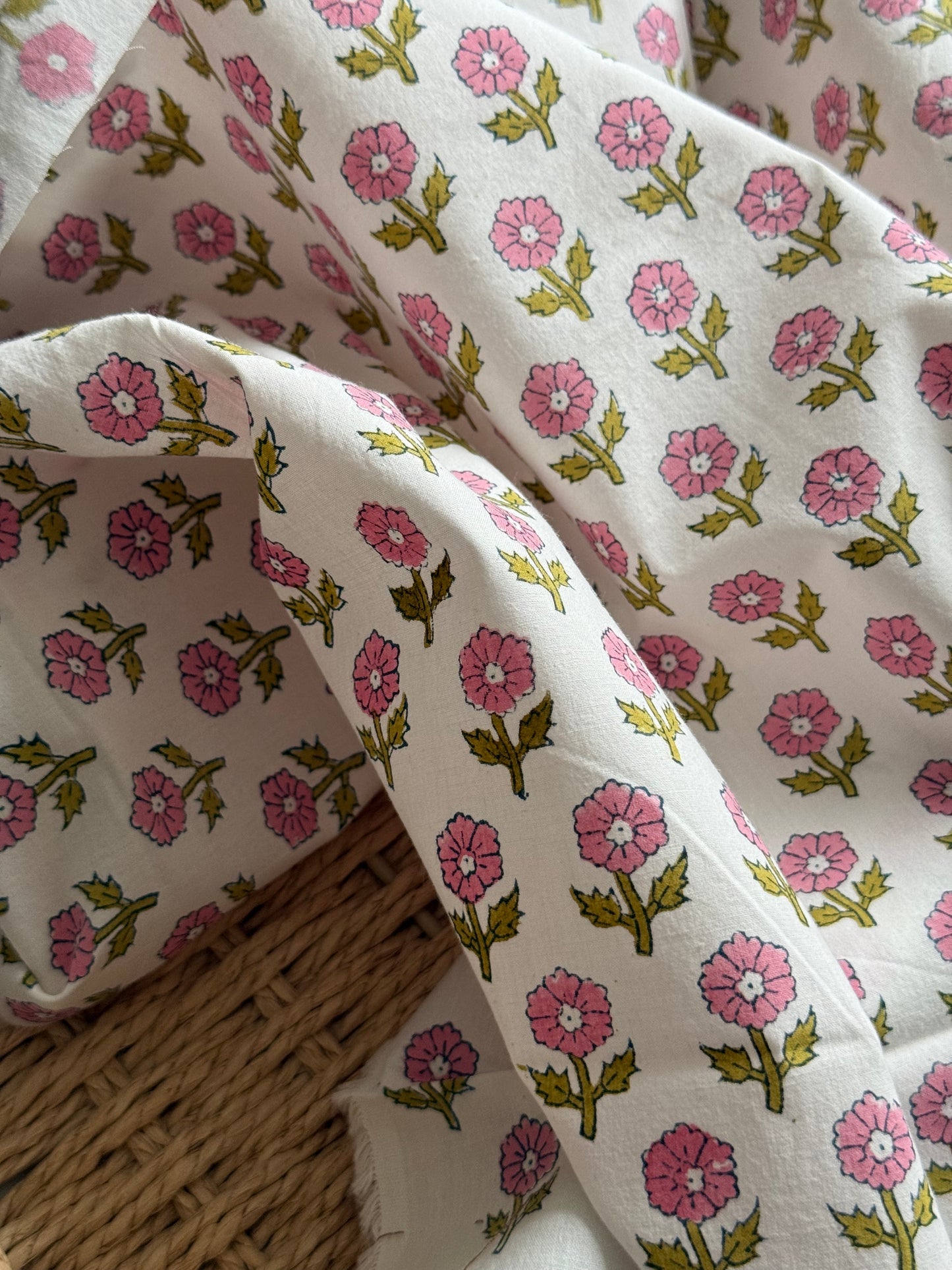 Indian Cotton Block Print Fabric - Flowering in Pink
