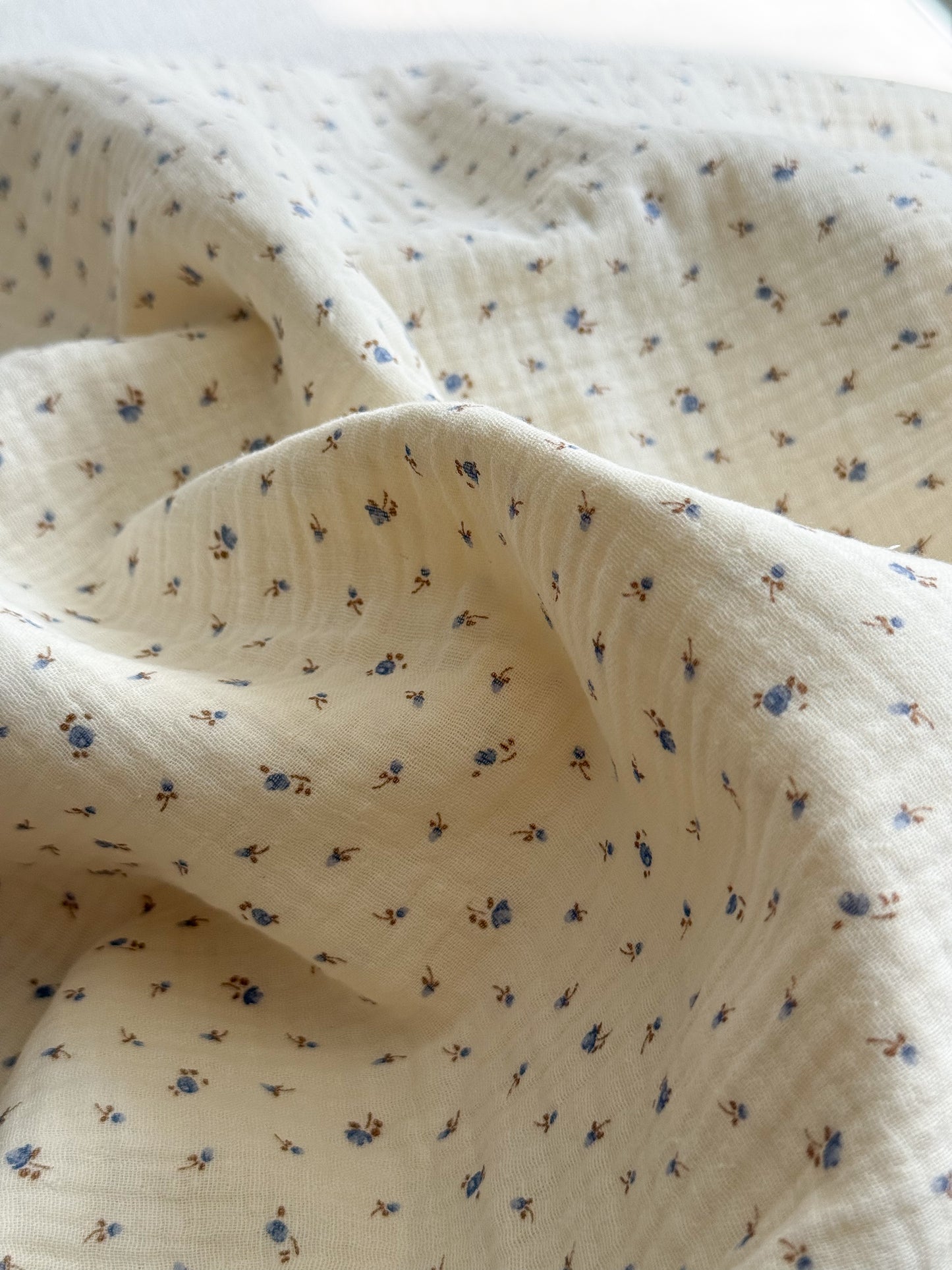 Organic Double Gauze Fabric - Tiny Blue Flowers
