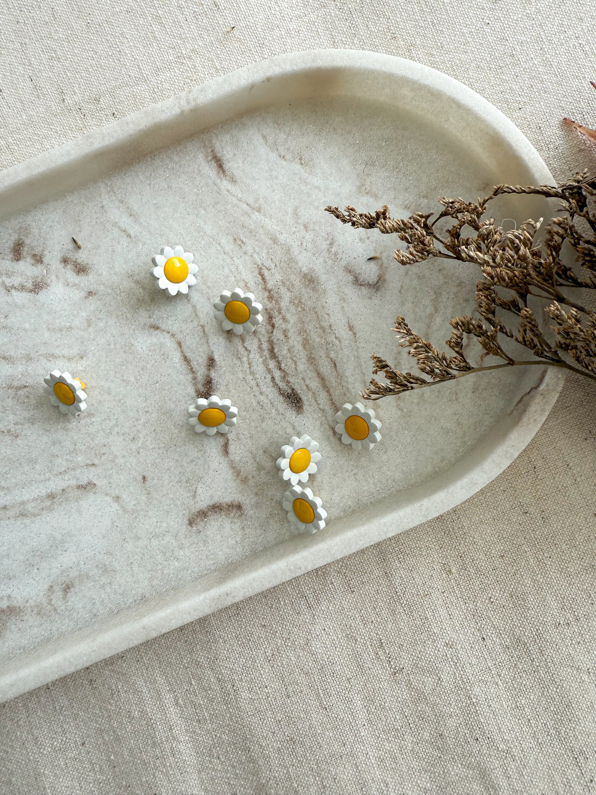 A small shank button in the shape of a yellow and white daisy. 
