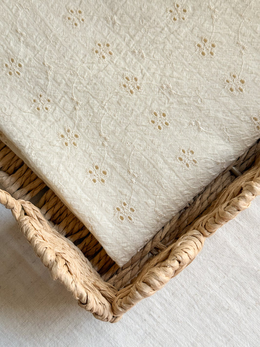 Cotton Embroidered Seersucker Fabric - Ecru Broderie Daisy