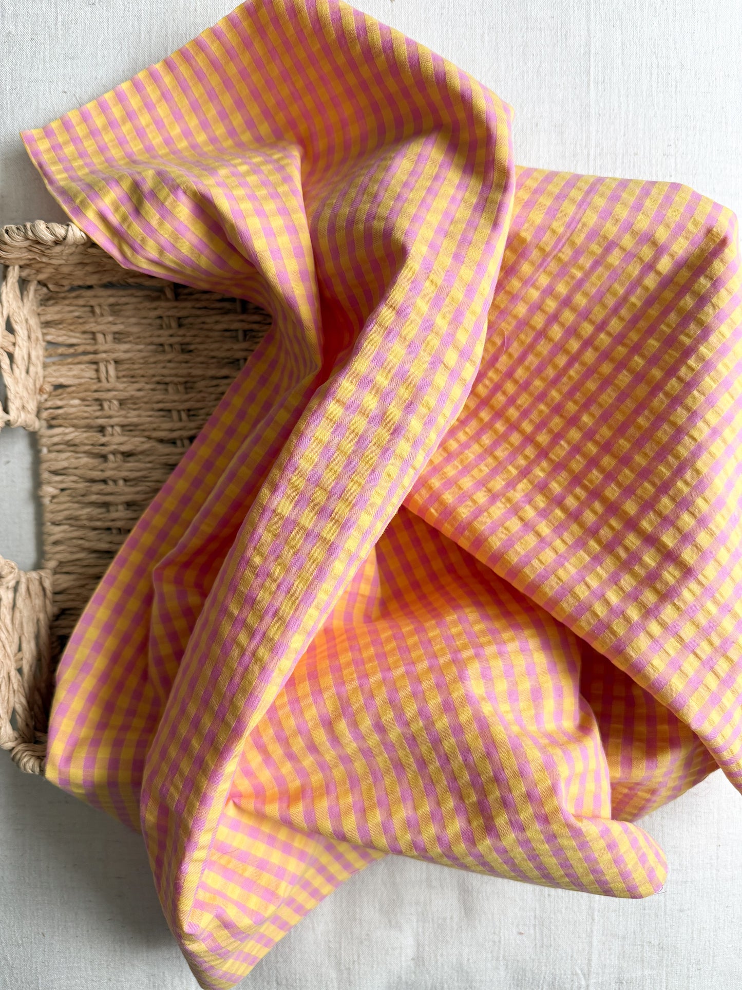 Cotton Seersucker Fabric - Gingham - Rhubarb & Custard