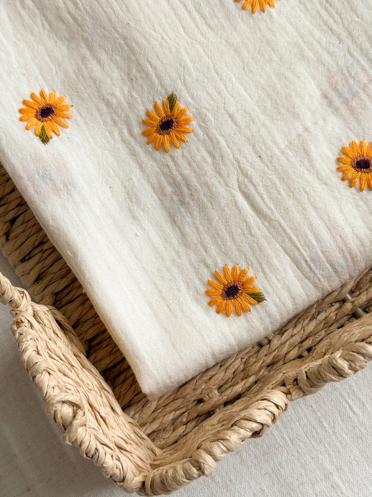 Embroidered Double Gauze Fabric - Sunflowers - Ecru