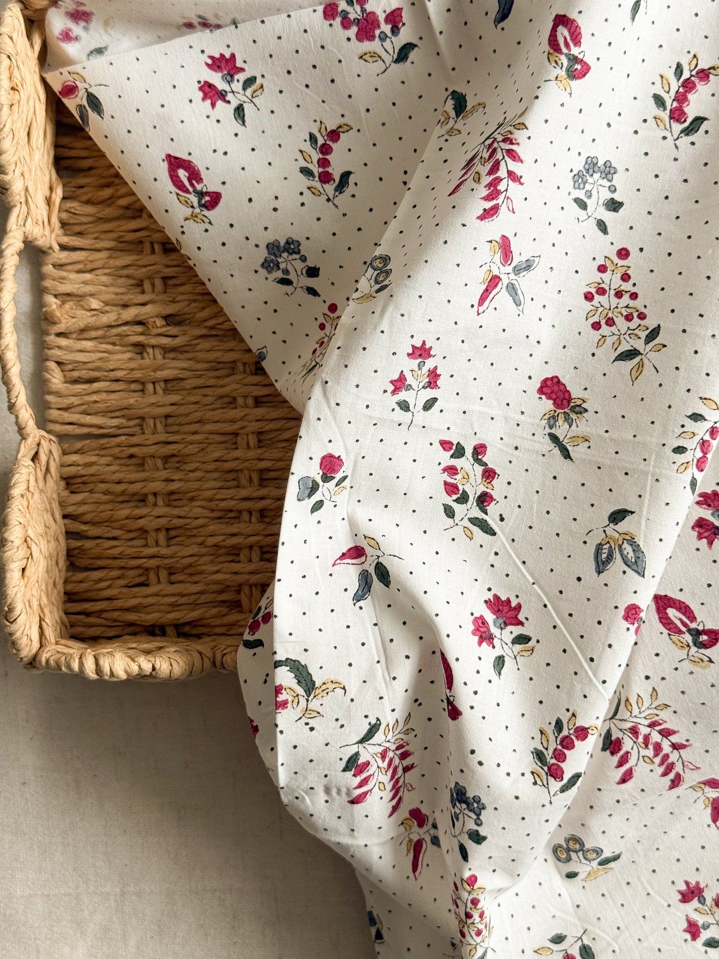 Indian Cotton Block Print Fabric - Dotty Floral - 40cm Remnant