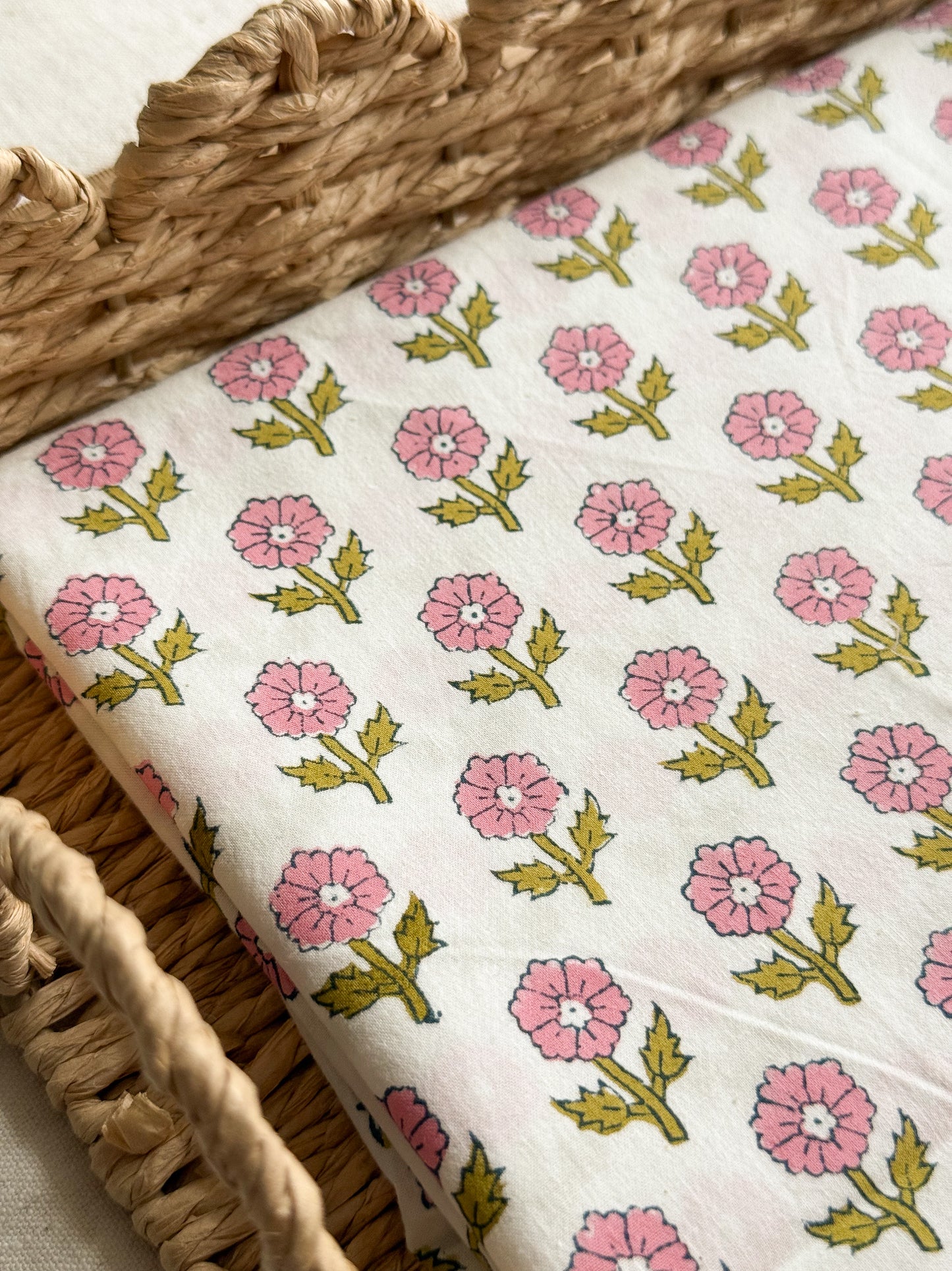 Indian Cotton Block Print Fabric - Flowering in Pink