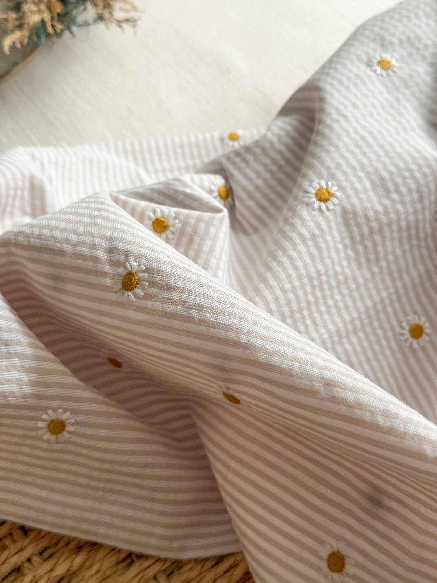 Cotton Stripe Seersucker Fabric With Embroidered Daisy - Sand