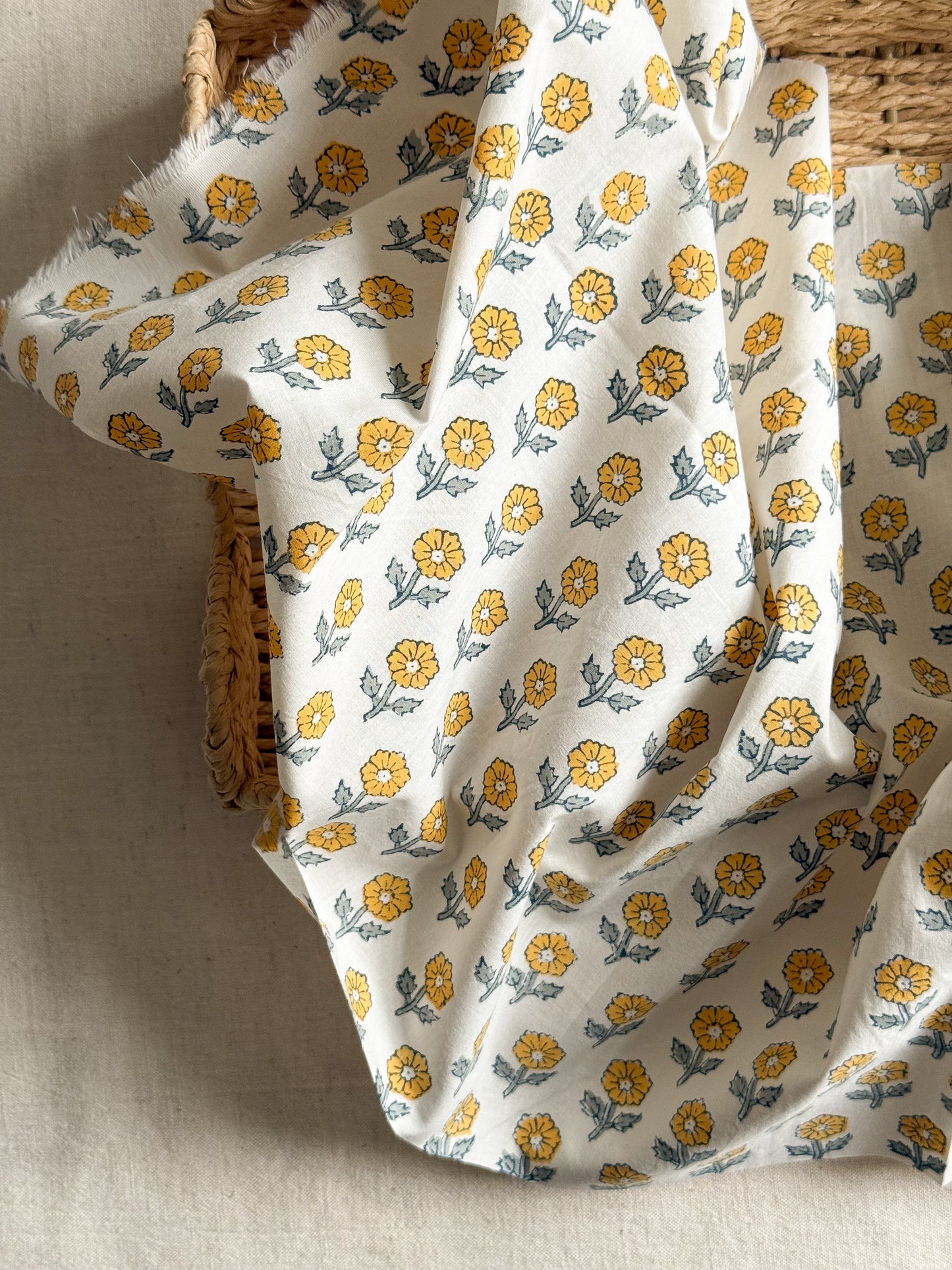 Indian Cotton Block Print Fabric - Flowering in Yellow - 30cm Remnant