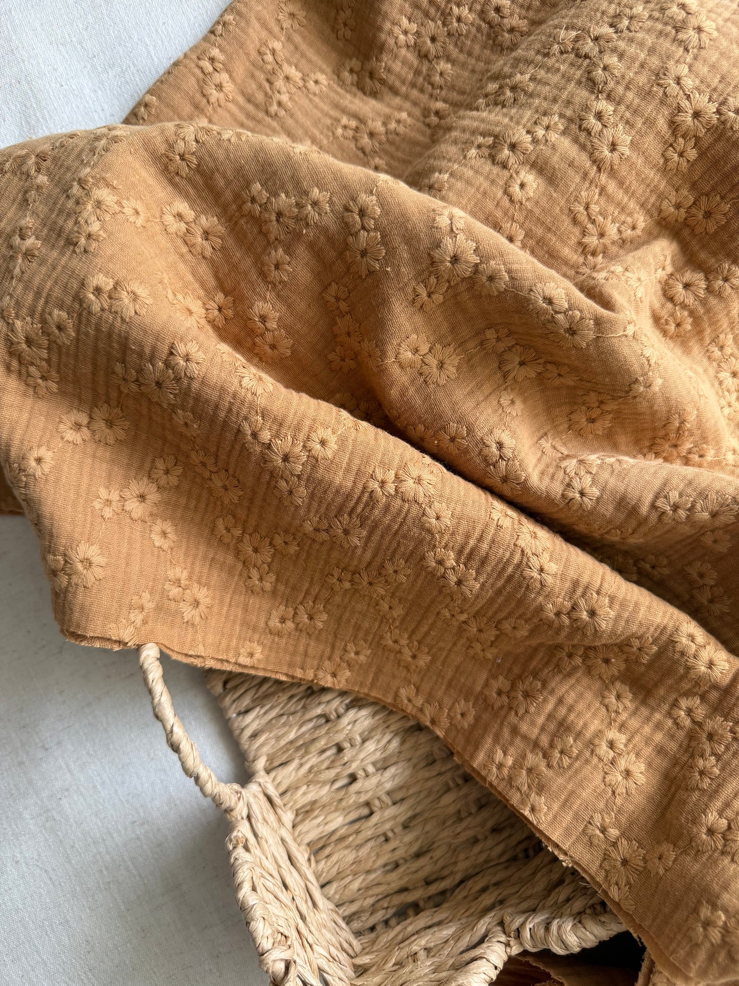 Embroidered Double Gauze Fabric - Caramel Flowers