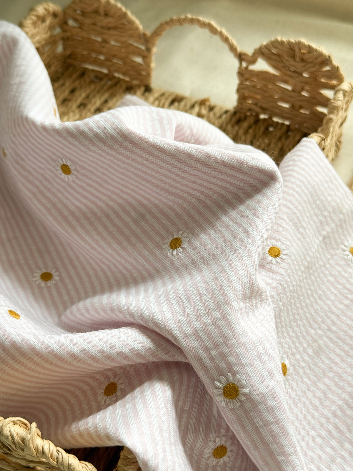Cotton Stripe Seersucker Fabric With Embroidered Daisy - Nude Pink