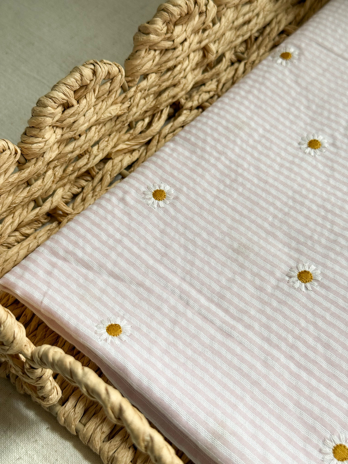 Cotton Stripe Seersucker Fabric With Embroidered Daisy - Nude Pink