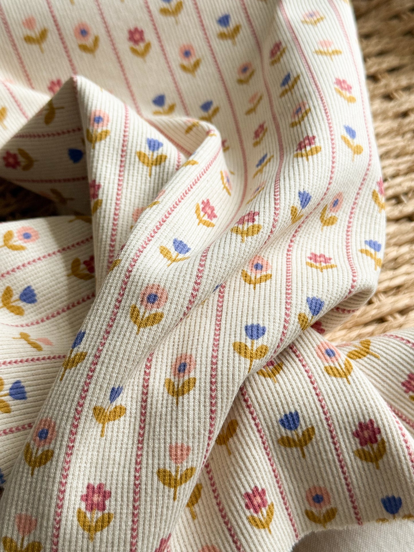Ribbed Cotton Jersey Fabric - Floral Stripe