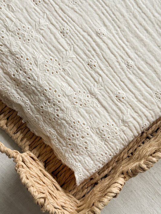 Double Gauze Fabric - Ecru - Embroidered Scalloped Border