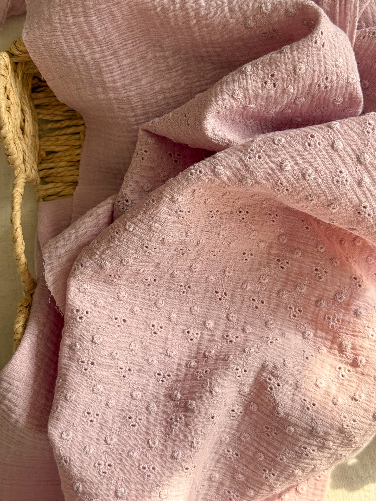 Embroidered Double Gauze Fabric - Petal Pink - 30cm Remnant