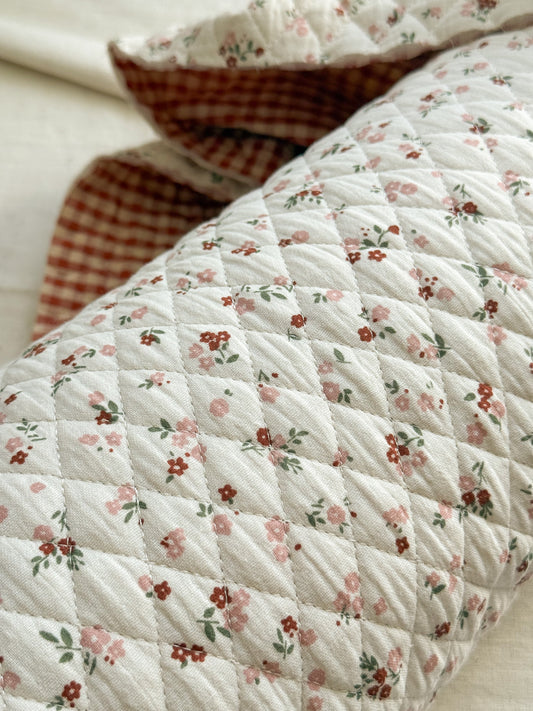 Reversible Quilted Double Gauze Fabric - Floral / Chestnut Gingham
