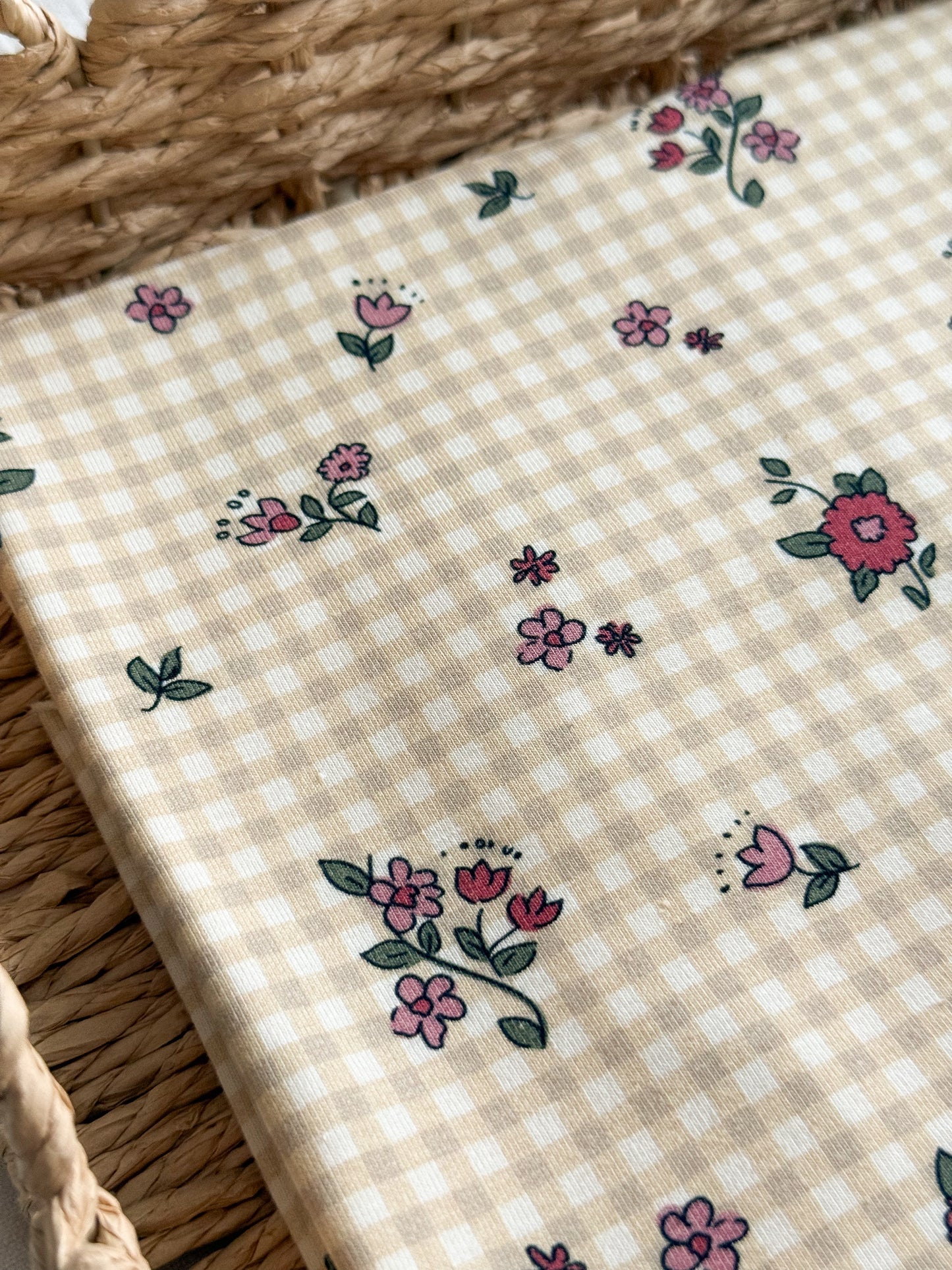 Organic Printed Cotton Jersey Fabric - Gingham Floral