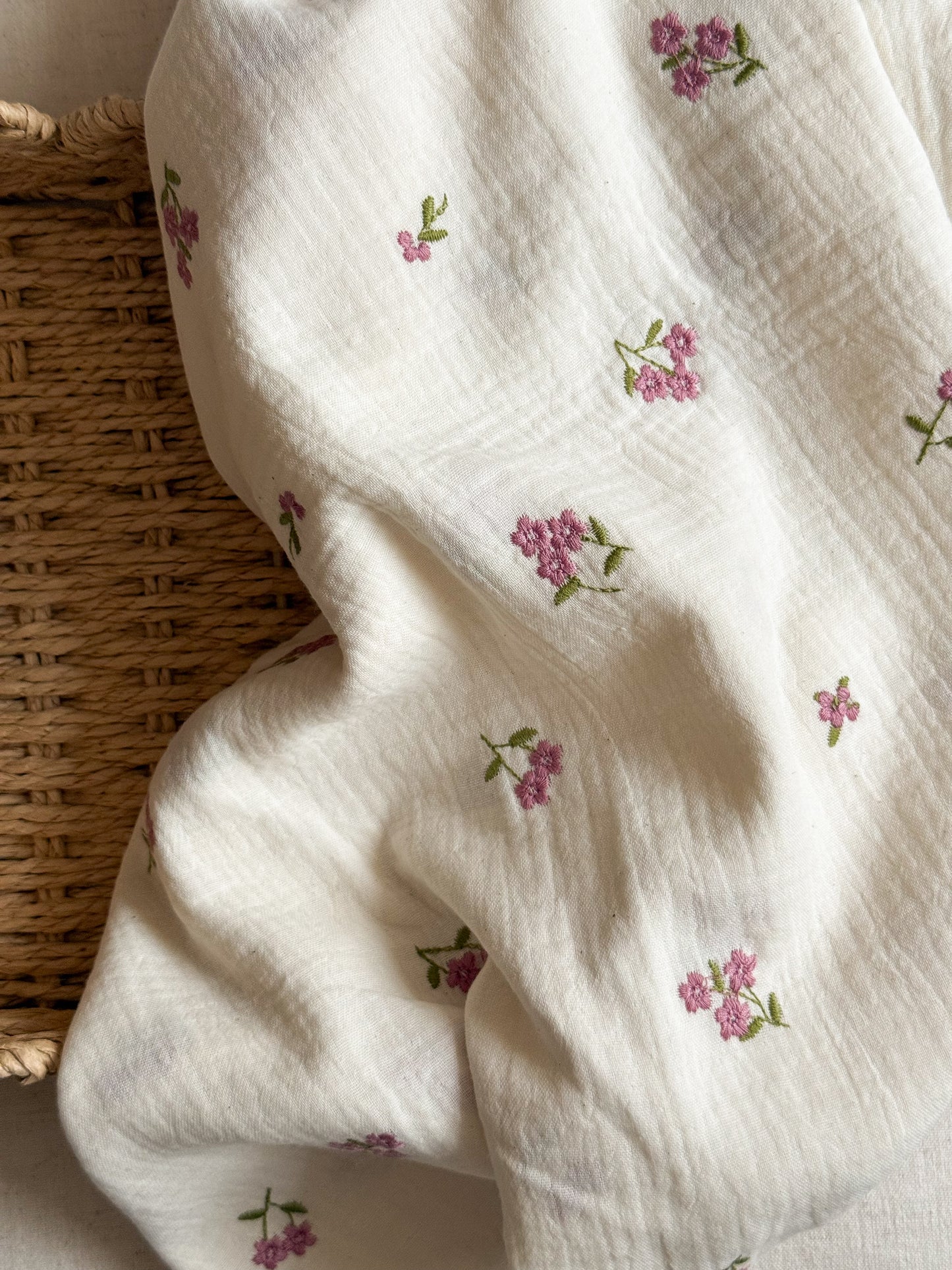 Embroidered Double Gauze Fabric - Natural - Pink Flowers