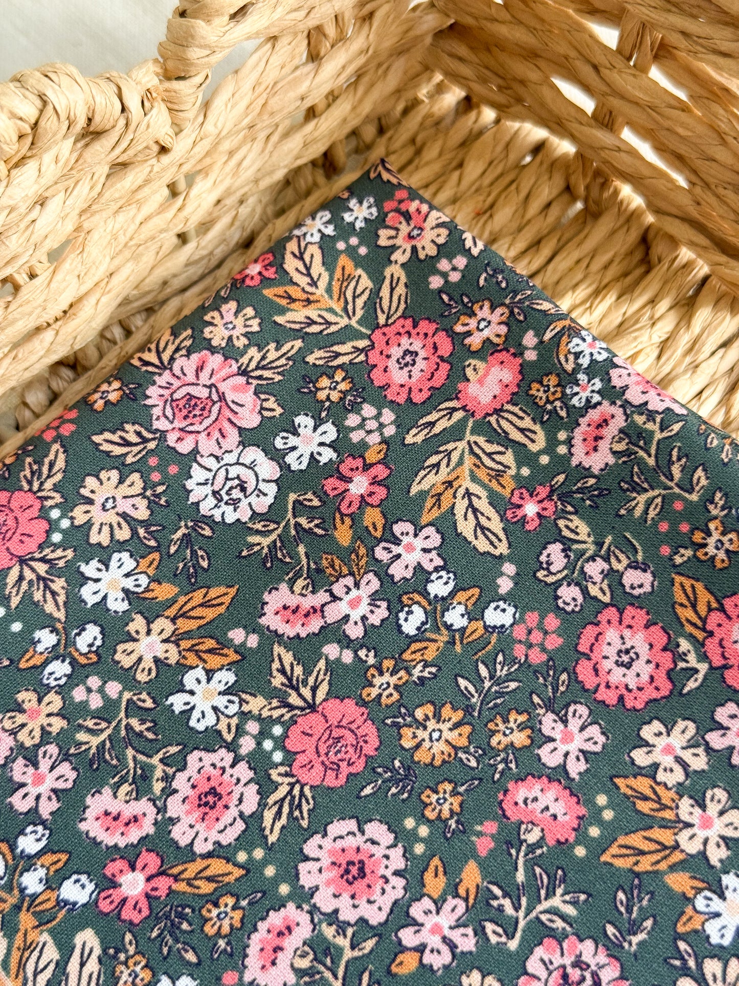 Cotton Poplin Fabric  - Khaki & Pink Floral