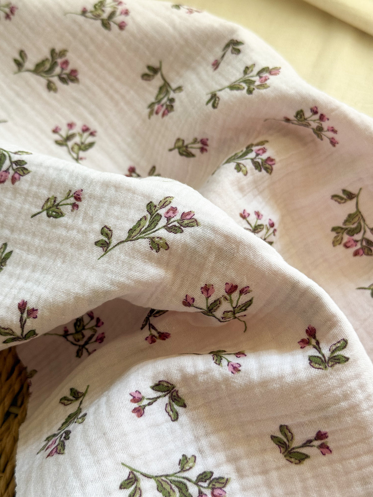 Double Gauze Fabric - Pink & Mauve Floral Stems