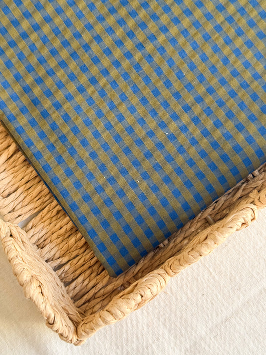 Cotton Seersucker Fabric - Gingham - Cobalt / Bronze