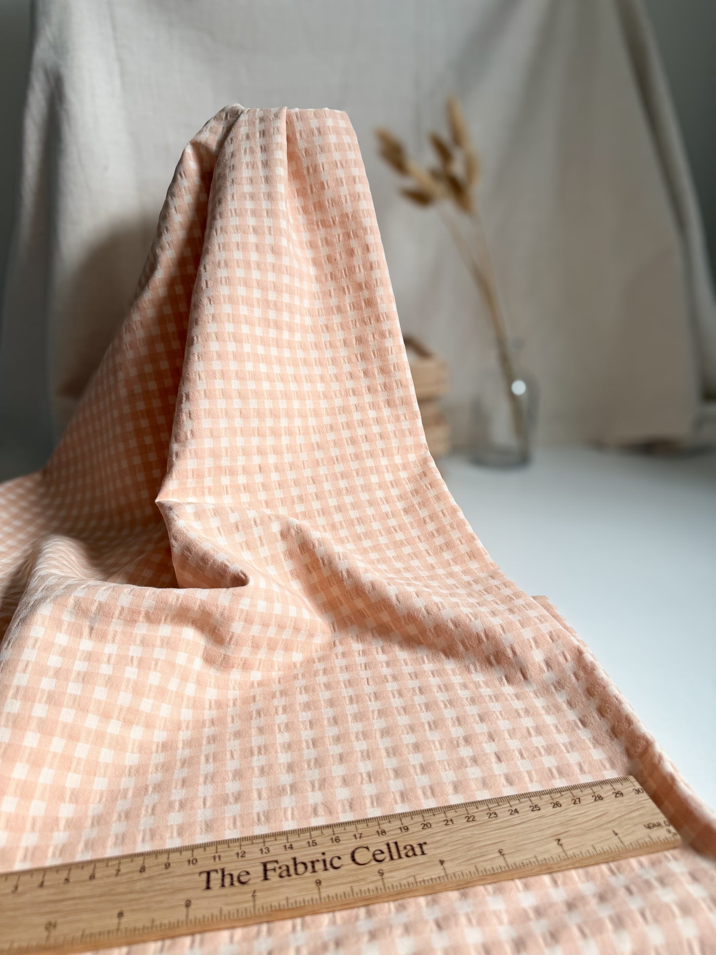 Organic Cotton Blend Seersucker Fabric - Gingham Apricot