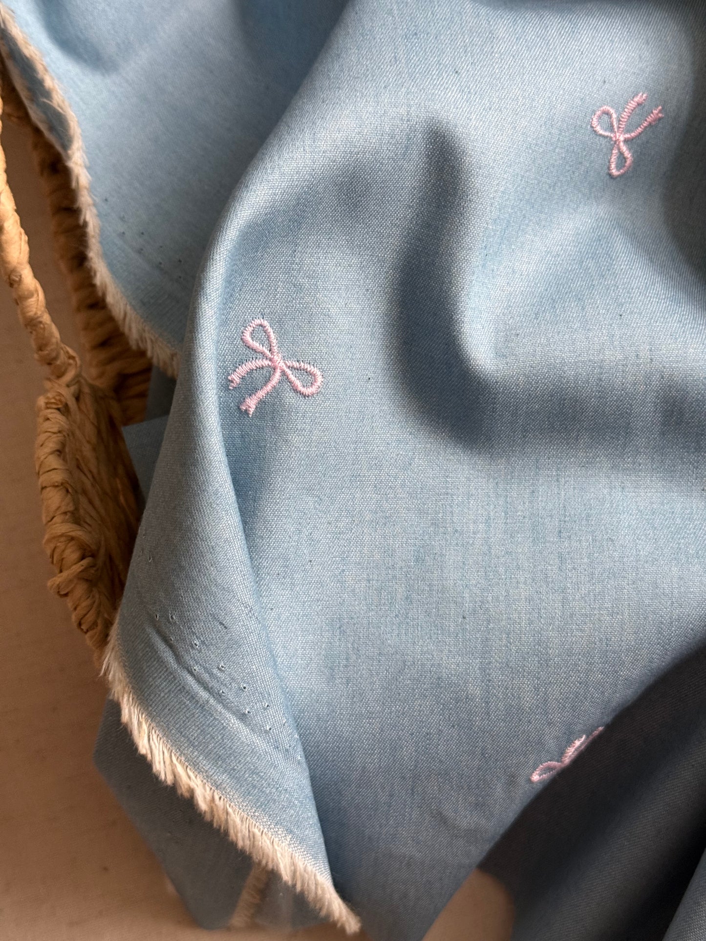 Embroidered Cotton Chambray Denim Fabric  - Bows