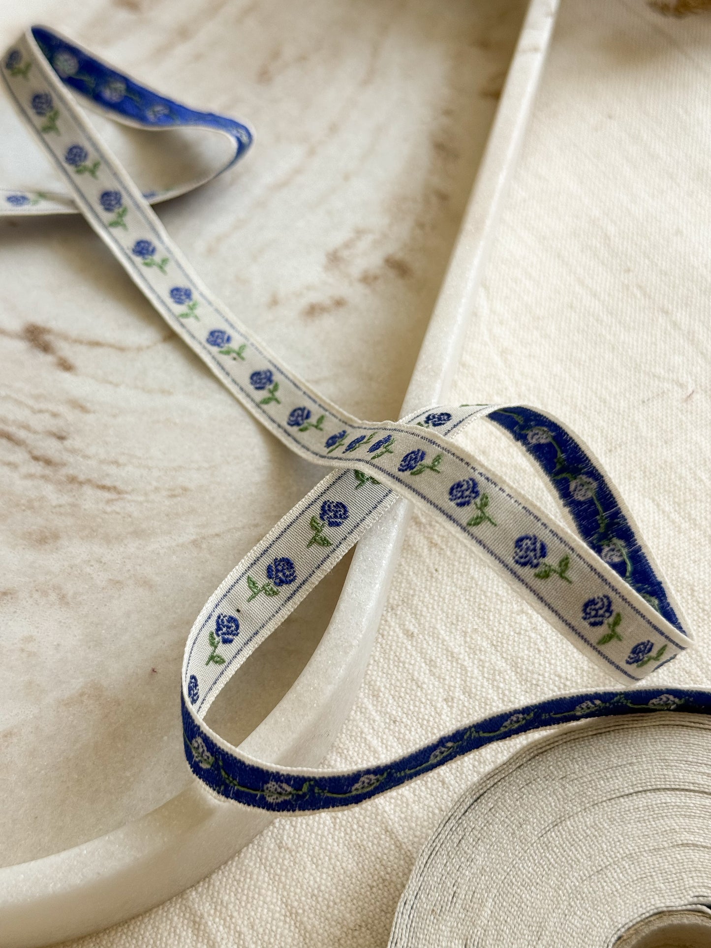 Jacquard Woven Ribbon - Rose Bud - Blue - 10mm