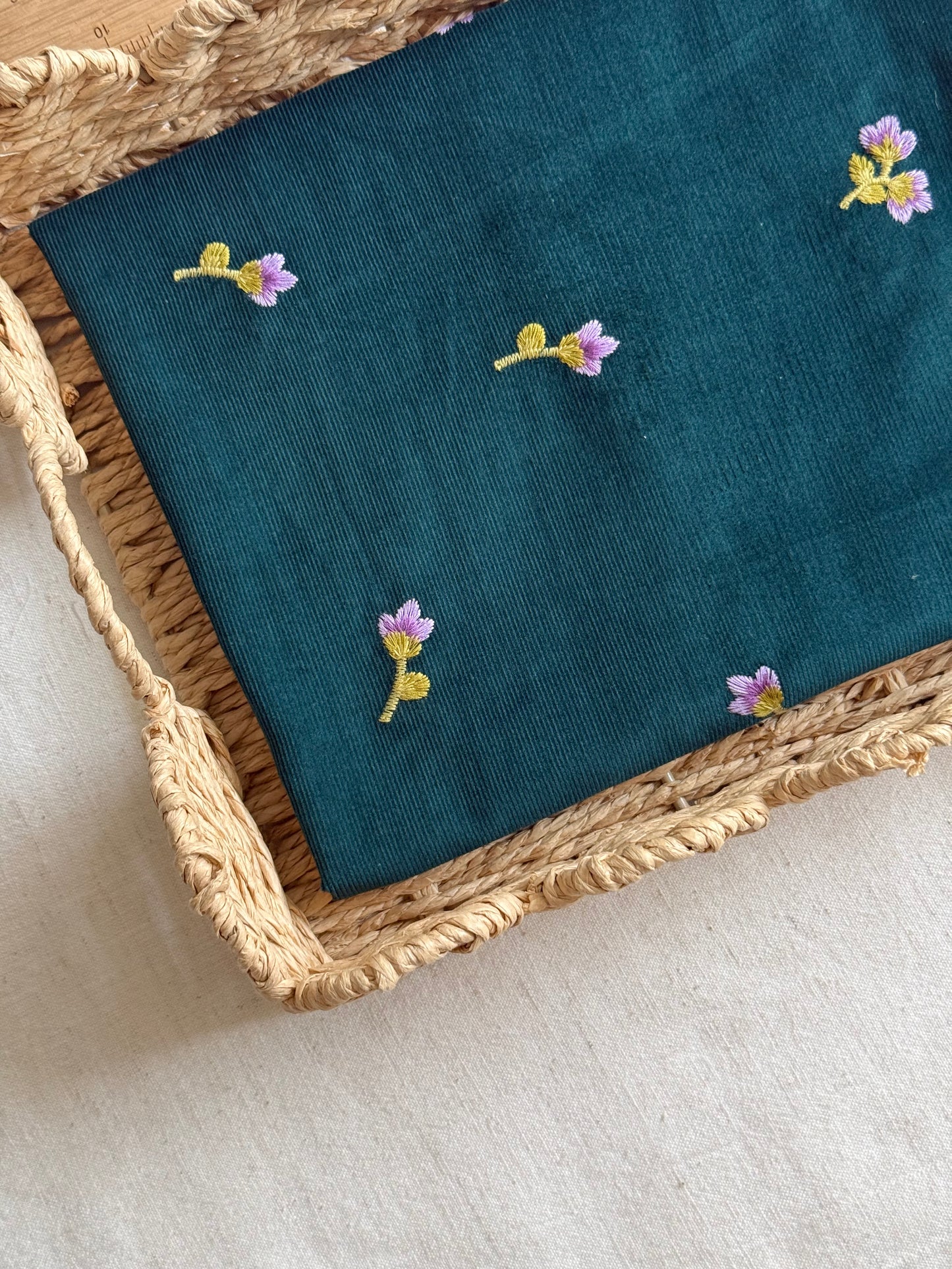 Cotton Embroidered Baby Cord Fabric - Green