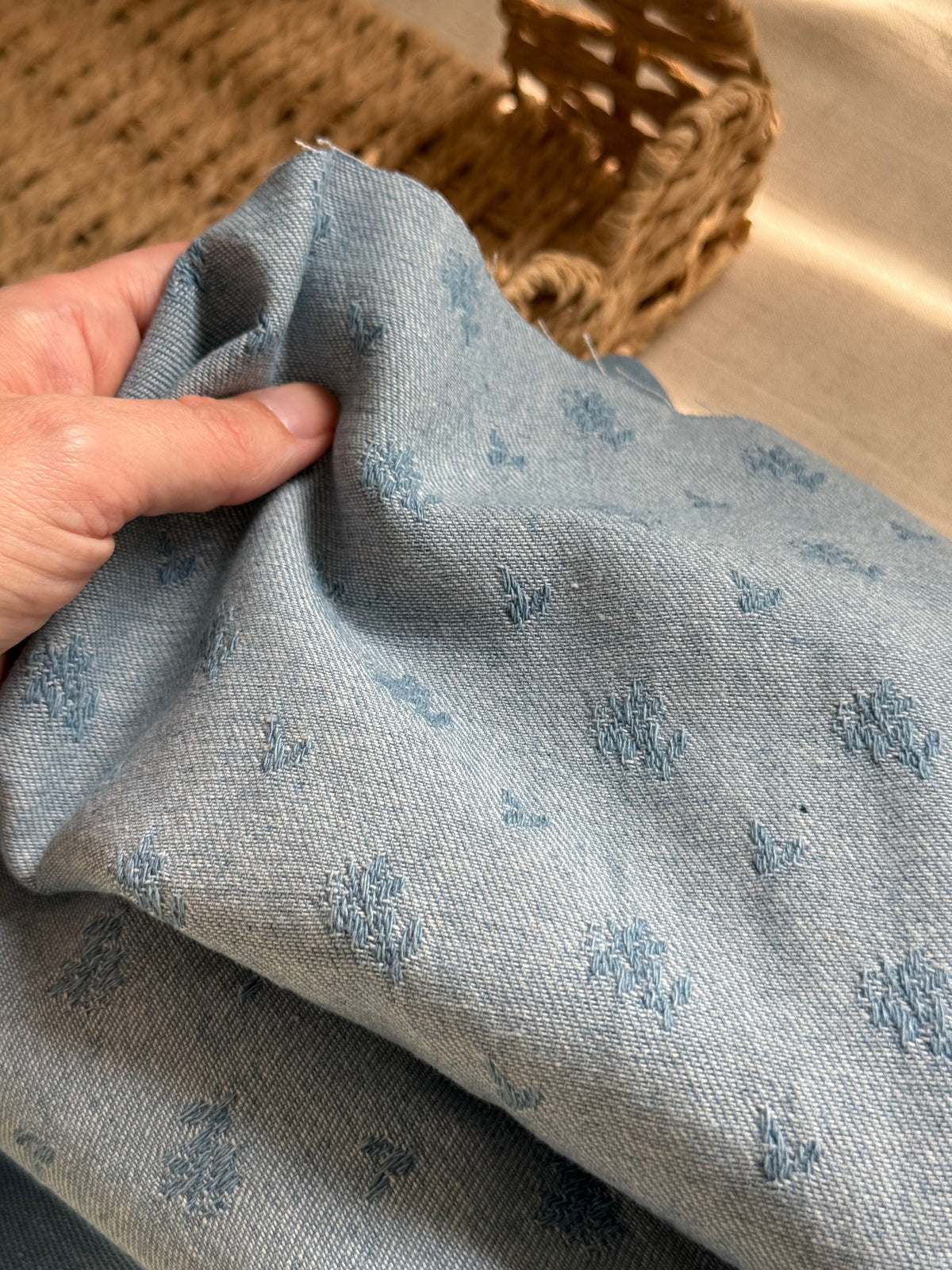 Cotton Mix Denim Fabric  - Sweet Jacquard Flowers