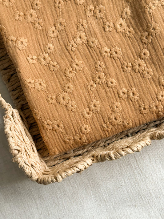 Embroidered Double Gauze Fabric - Caramel Flowers