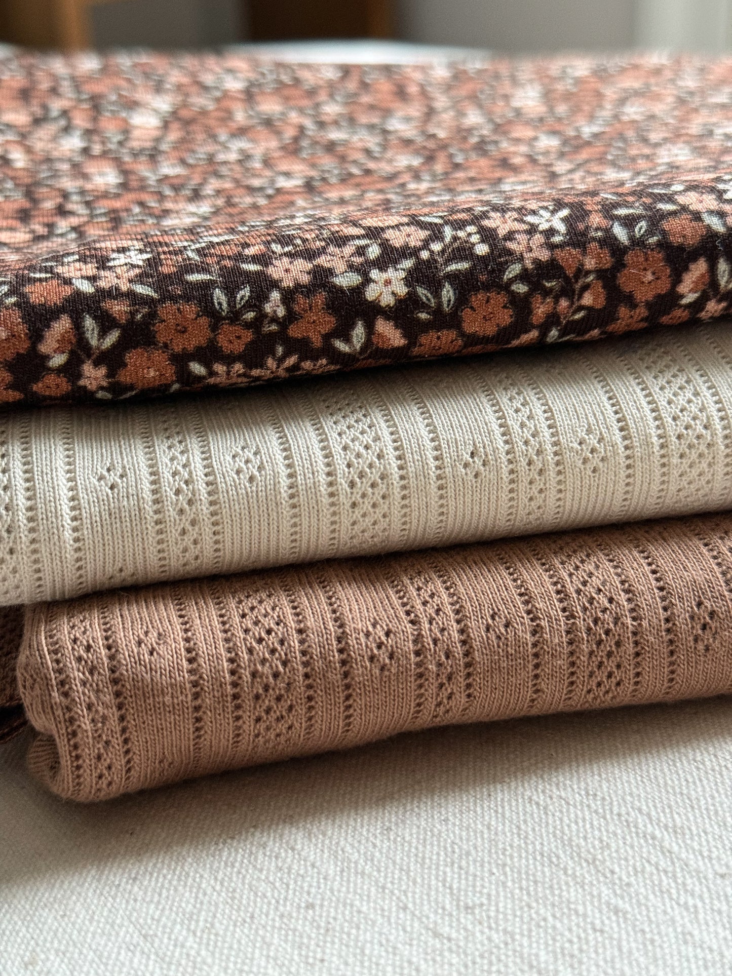 Cotton Jersey Stripe Pointelle Fabric - Milk Chocolate