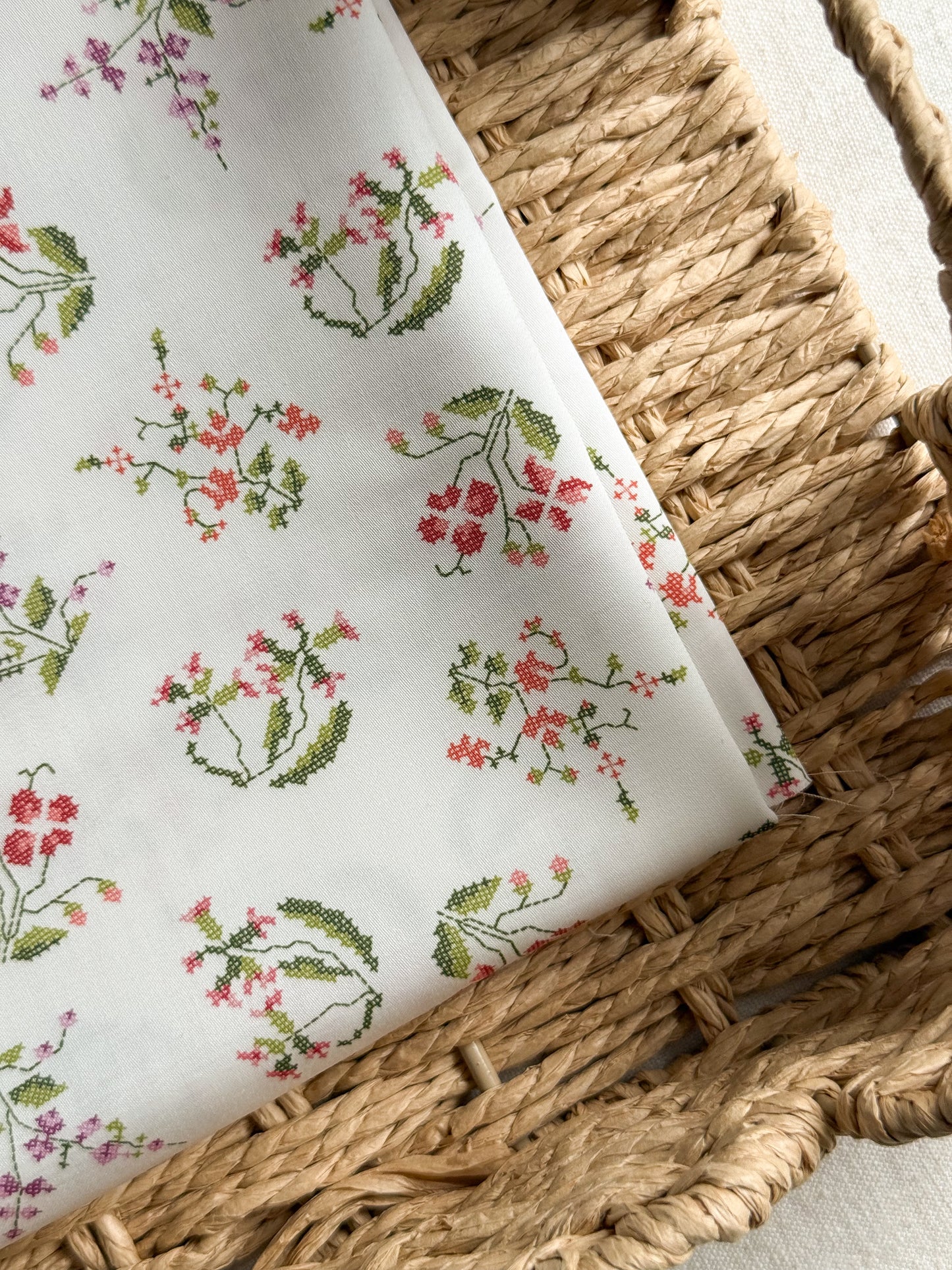 Organic Cotton Sateen Fabric - Cross Stitch Floral Print