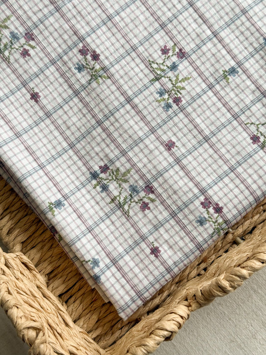 Textured Cotton Crinkle Fabric - Floral Plaid Violet