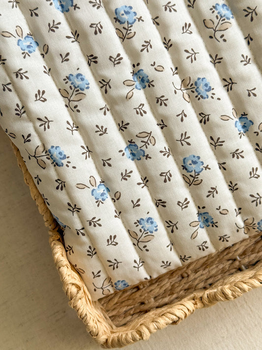 Reversible Quilted Cotton Poplin Fabric - Forget Me Not / Mocha