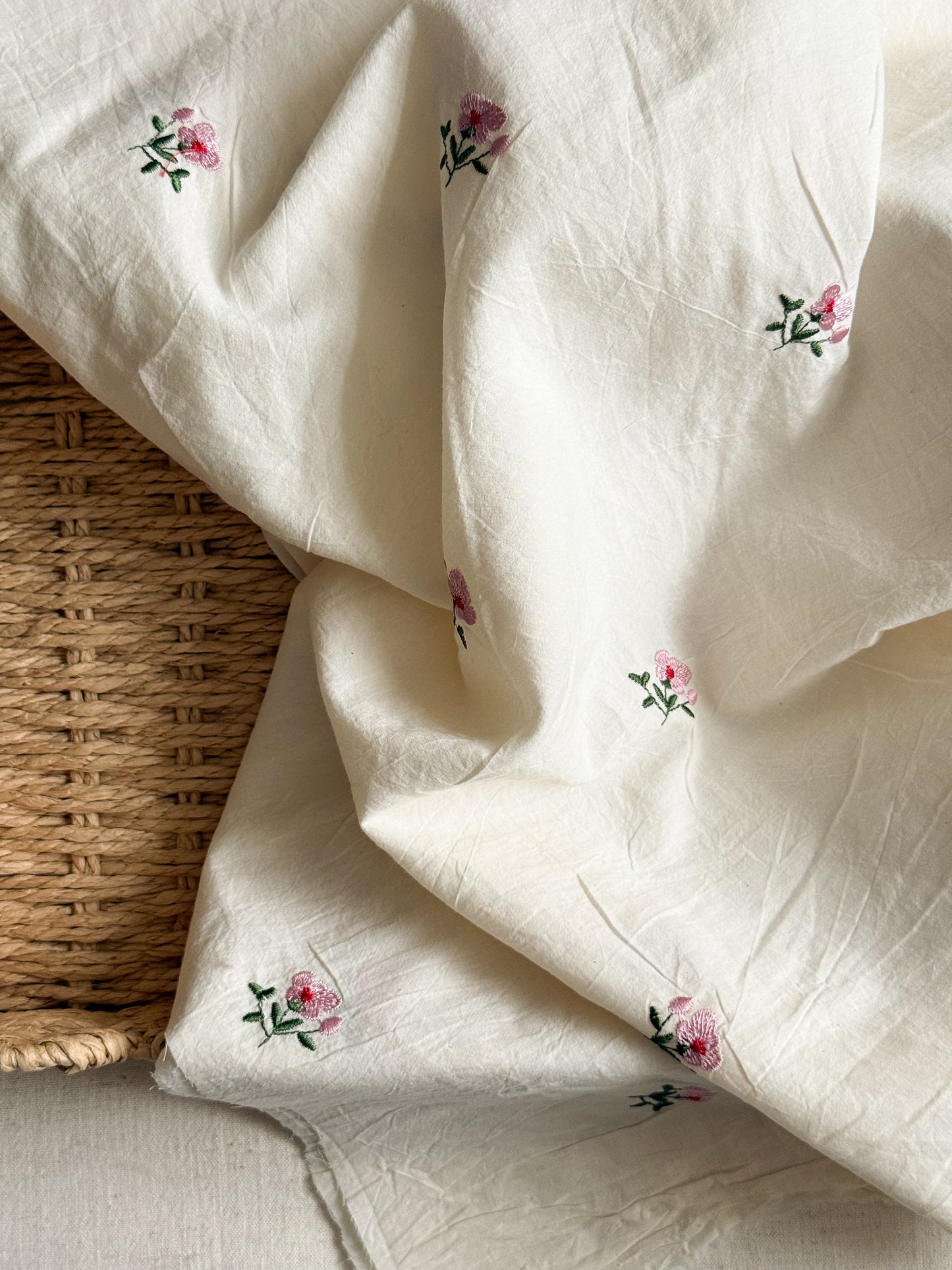 Embroidered Crinkle Cotton Voile Fabric - Pink Flowers