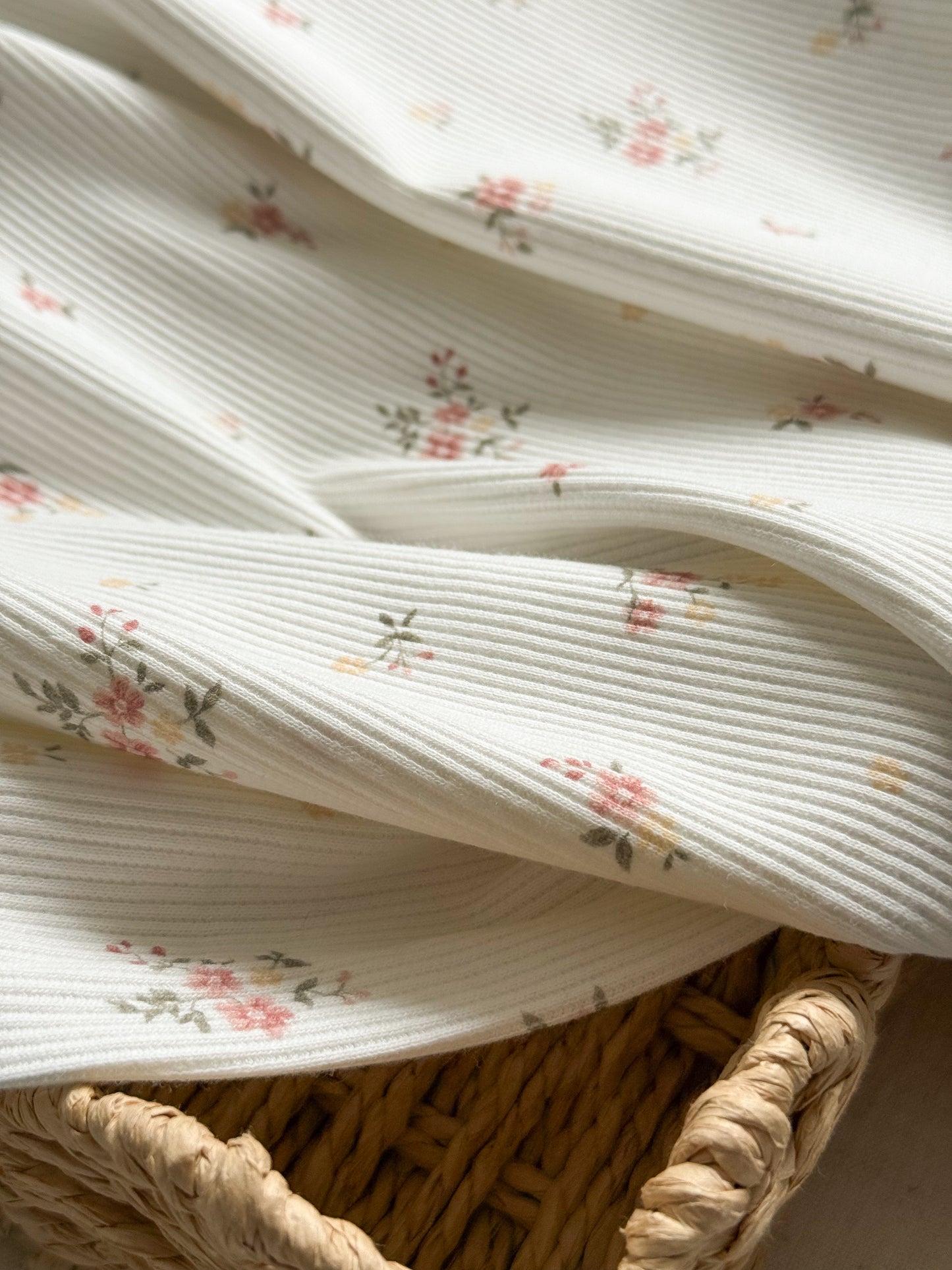 Ribbed Cotton Jersey Fabric - Rose + Yellow Floral - 40cm Remnant