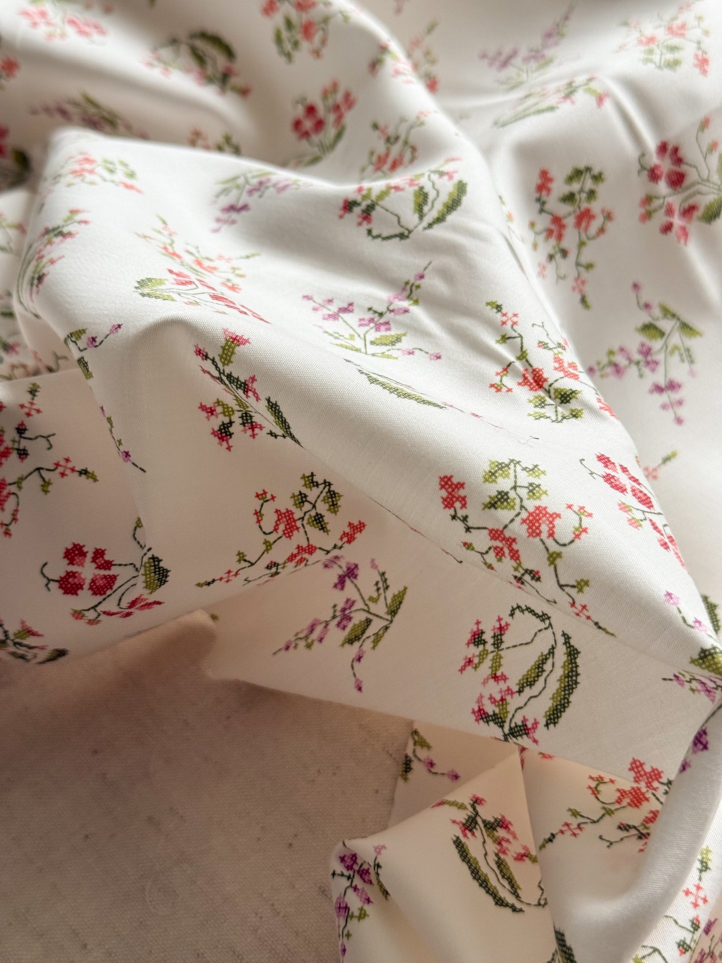 Organic Cotton Sateen Fabric - Cross Stitch Floral Print