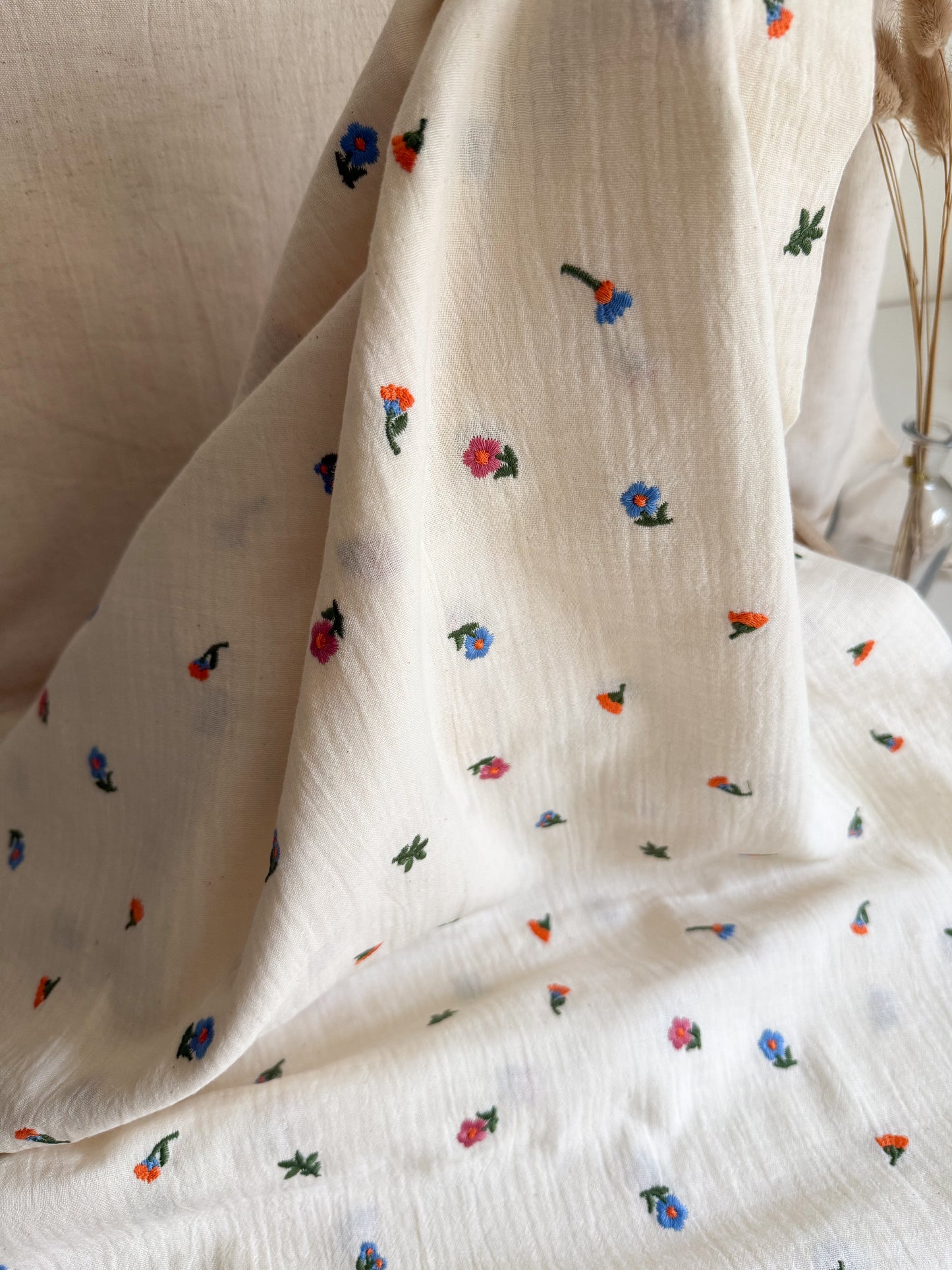 Embroidered Double Gauze Fabric - Multi Coloured Flowers - 30cm Remnant