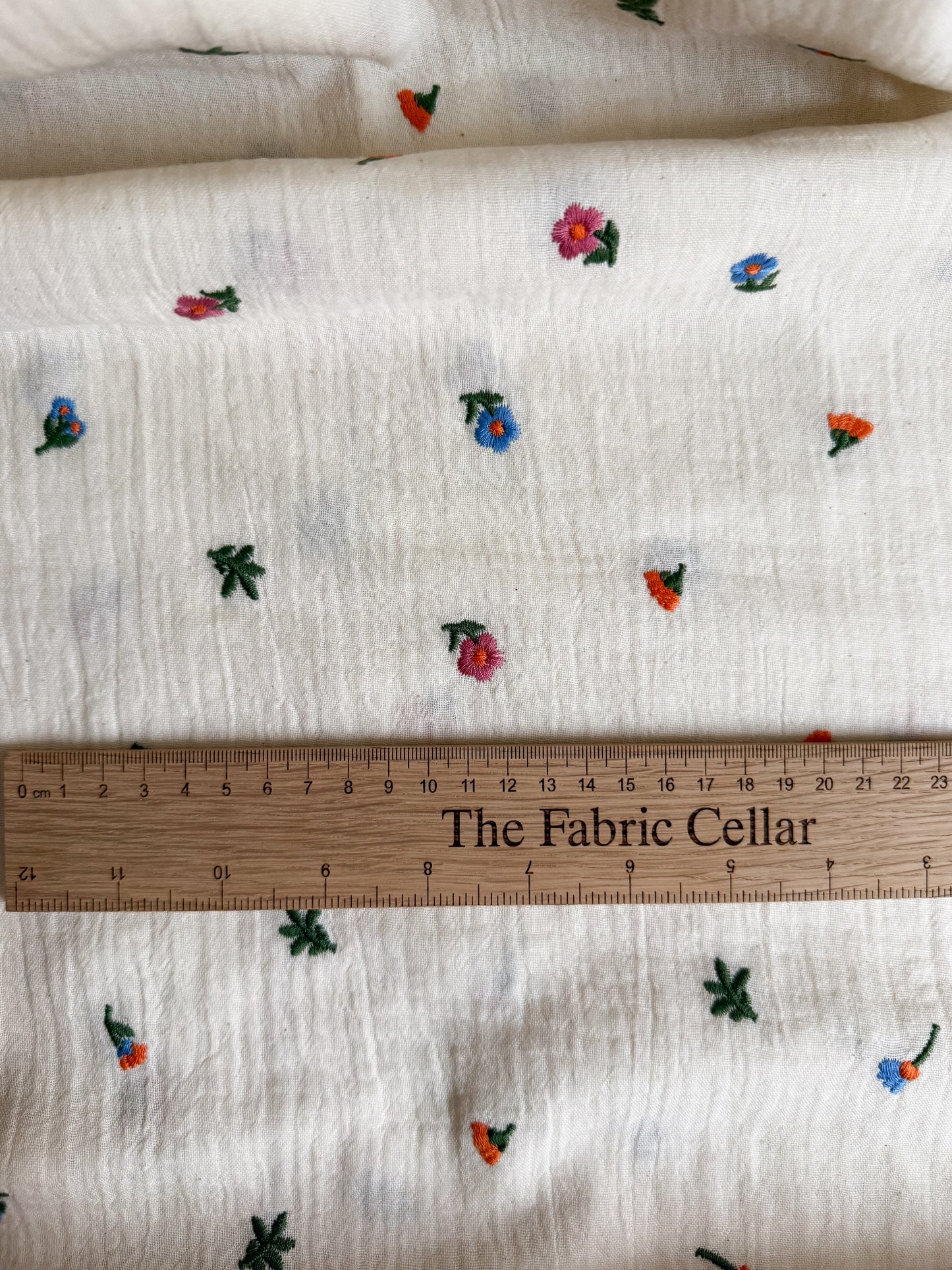 Embroidered Double Gauze Fabric - Multi Coloured Flowers - 30cm Remnant