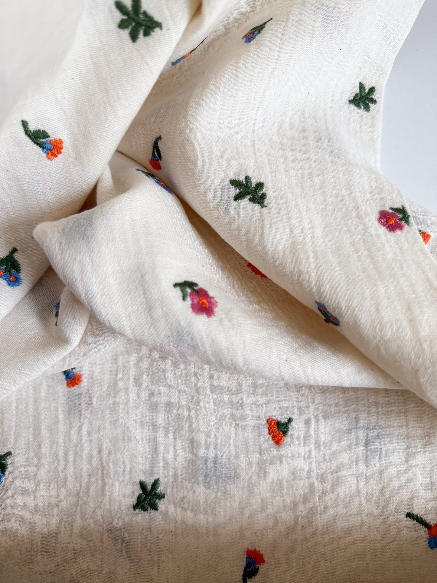 Embroidered Double Gauze Fabric - Multi Coloured Flowers - 30cm Remnant
