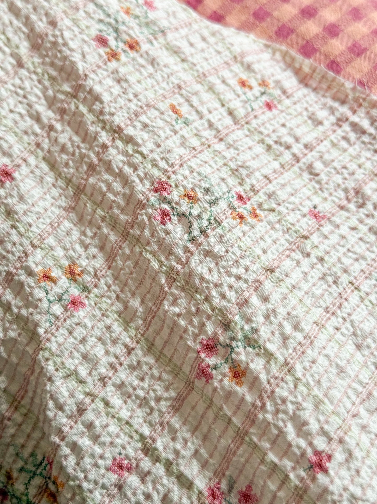 Textured Cotton Crinkle Fabric - Floral Plaid Pink
